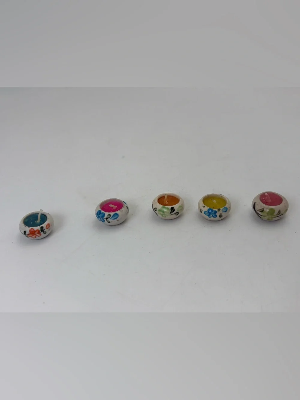 Adorable Hand-Painted Pottery Mini Candles with Floral Accents - Set of 5